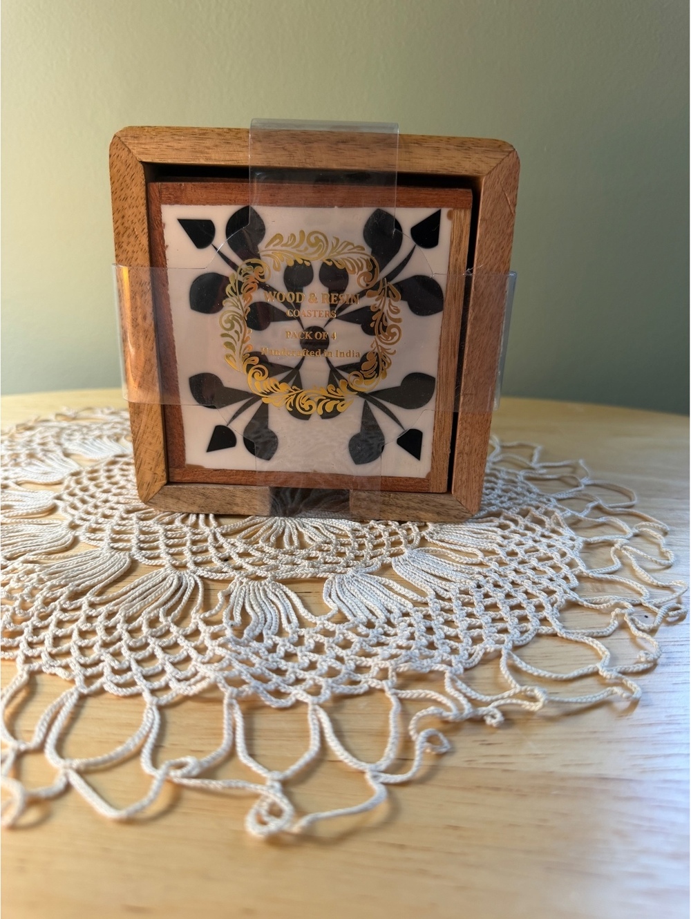Set of 4 Handcrafted Wood and Resin Coasters with Holder